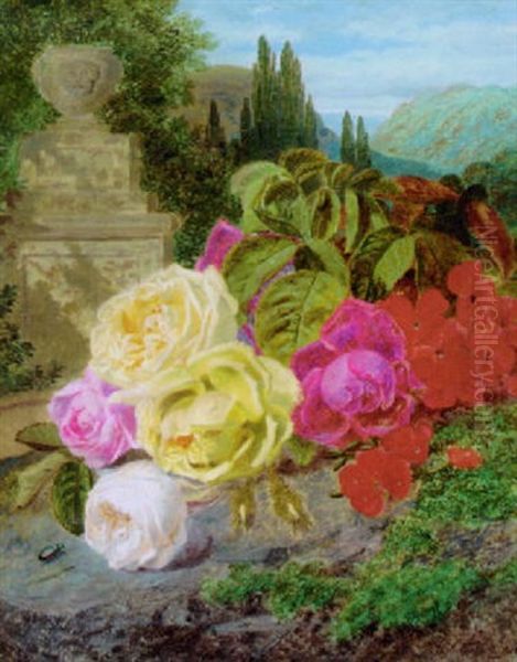 Roses In A Landscape Oil Painting by Thomas Worsey