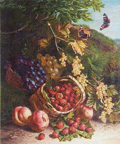 Still Life Of An Overturned Basket Of Strawberries, Other Fruits And Butterflies On A Mossy Bank Oil Painting by Thomas Worsey