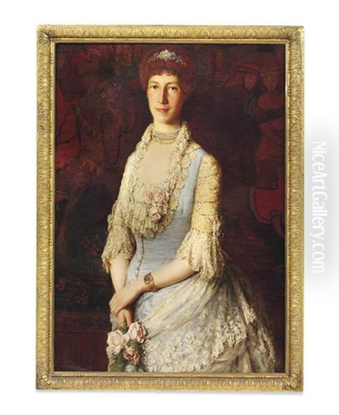 Portrait Of A Lady, Said To Be Lady Singer, Half-length, In A White Lace Dress, Holding Roses Oil Painting by Archibald James Stuart Wortley