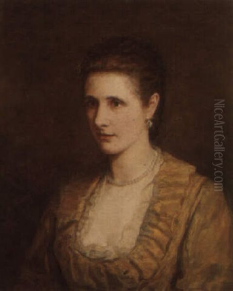 Portrait Of A Woman In A Yellow Lace Trimmed Dress And Pearl Necklace Oil Painting by Archibald James Stuart Wortley