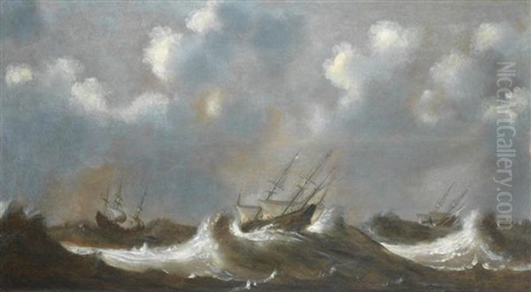 Shipping In A Stormy Sea by Claes Claesz Wou