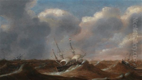 Ships In A Turbulent Sea Oil Painting by Claes Claesz Wou