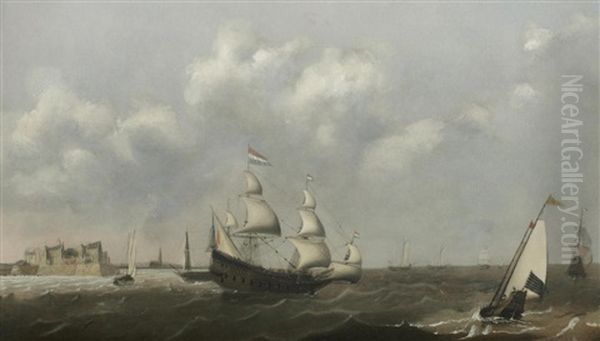 A Dutch Threemaster And Other Shipping In Choppy Waters, A View Of Fort Rammekens, Off The Coast Of Flushing, In The Background Oil Painting by Claes Claesz Wou