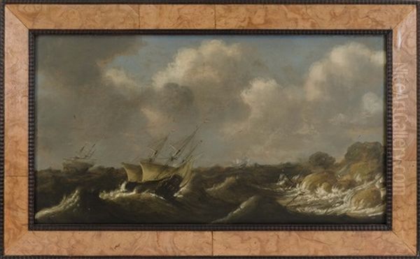 Ships Off A Rocky Coast by Claes Claesz Wou