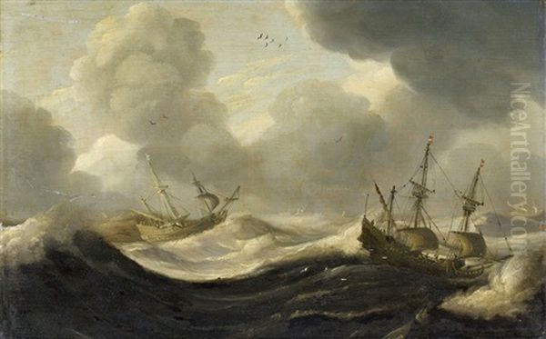 Sailing Ships On Stormy Waters Oil Painting by Claes Claesz Wou