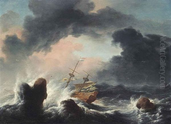 A Man-o'-war Off A Rocky Coast Oil Painting by Claes Claesz Wou