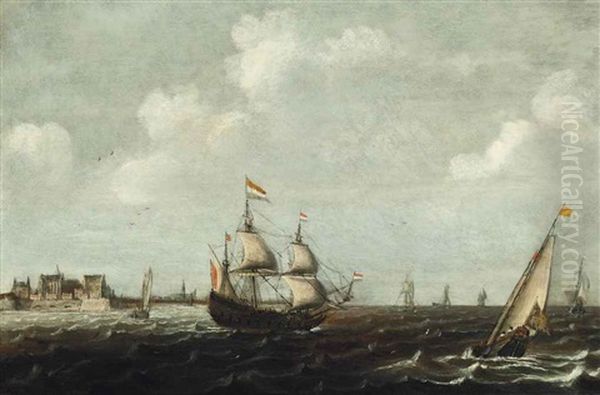 A Dutch Threemaster And Other Shipping In Choppy Waters, A View Of Fort Rammekens Off The Coast Of Vlissingen Beyond Oil Painting by Claes Claesz Wou