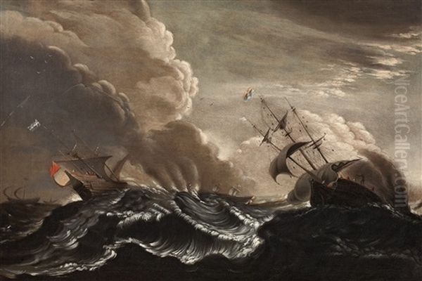 Ships In A Stormy Sea Oil Painting by Claes Claesz Wou