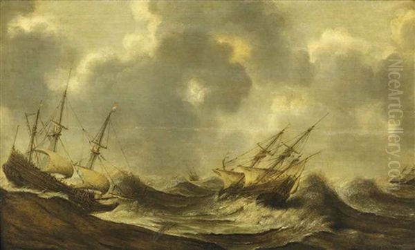 Three-masters In Rough Waters Oil Painting by Claes Claesz Wou