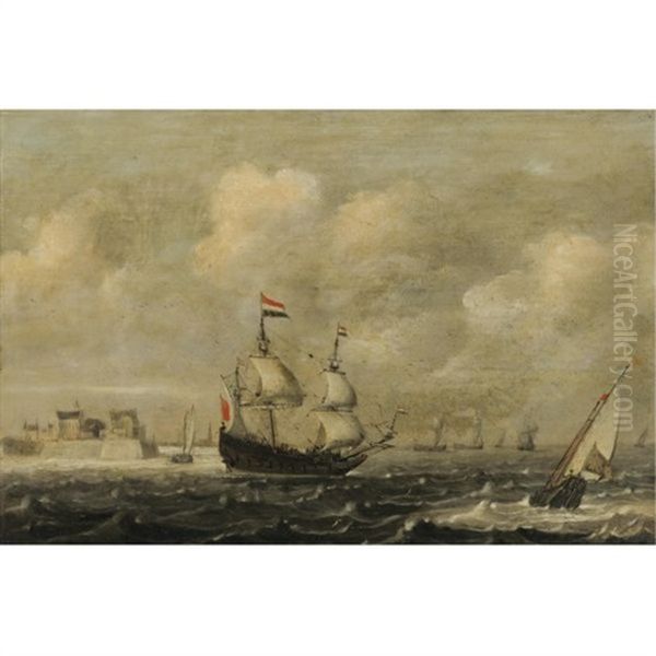 A Dutch Threemaster Before Fort Rammekens, Off The Coast Of Vlissingen Oil Painting by Claes Claesz Wou