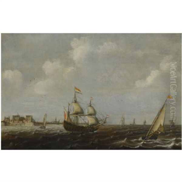 A Dutch Threemaster And Other Shipping In Choppy Waters, A View Of Fort Rammekens Off The Coast Of Vlissingen In The Background Oil Painting by Claes Claesz Wou