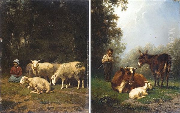 Le Jeune Gardien De Betail + La Jeune Bergere Oil Painting by Edouard Woutermaertens