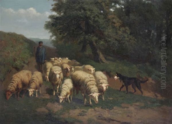 Paysage Boise Et Accidente Anime D'un Berger Aux Moutons Oil Painting by Edouard Woutermaertens