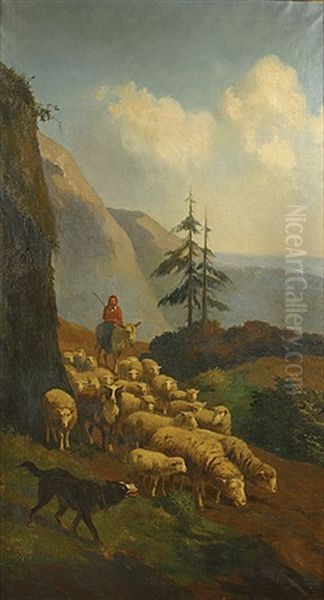 Herderin Met Schapen En Herdershond In Een Bergachtig Landschap Oil Painting by Edouard Woutermaertens