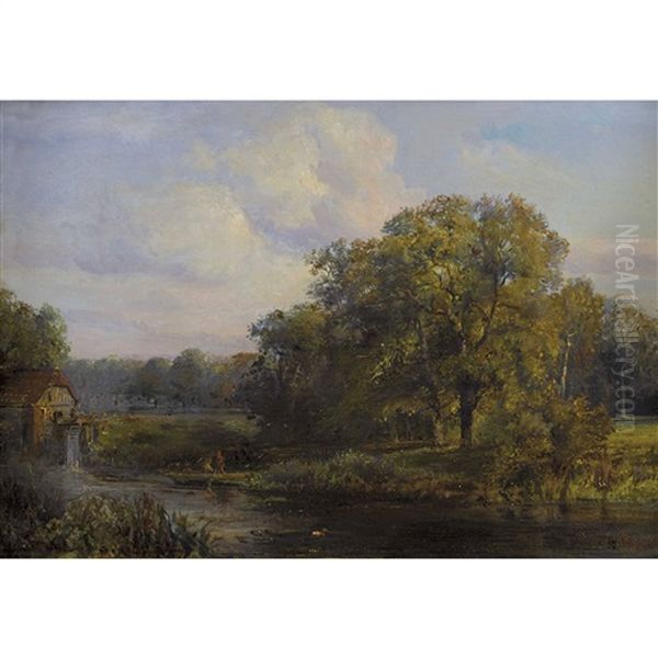 Idyllische Flusslandschaft Mit Ruderboot Oil Painting by Augustus Jacobus Bernardus Wouters