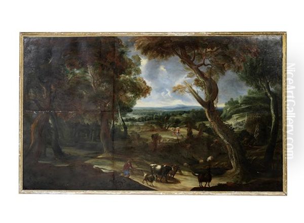 An Extensive Landscape With A Drover And His Herd Oil Painting by Frans Wouters