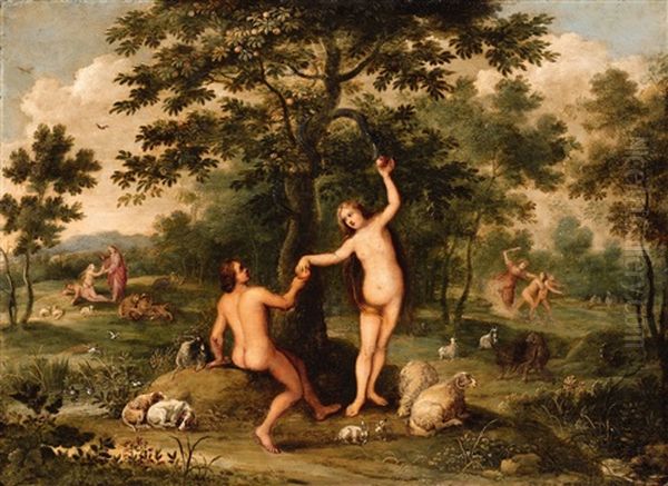 The Fall Of Man (+ Noah's Ark; Pair) Oil Painting by Frans Wouters