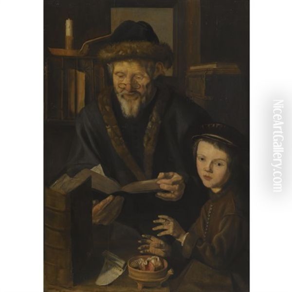 A Philosopher With A Young Child Oil Painting by Jan Wouters