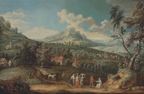 An Extensive Mountainous Landscape With Figures Conversing And Horses Pulling A Hay Wagon On A Path, A Village Beyond Oil Painting by Jean Francois de Wouters