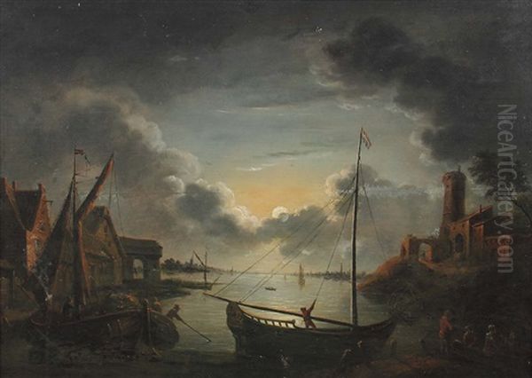 Fischerboote An Der Kuste Einer Niederlandischen Stadt Im Vollmondschein Oil Painting by Jean Francois de Wouters