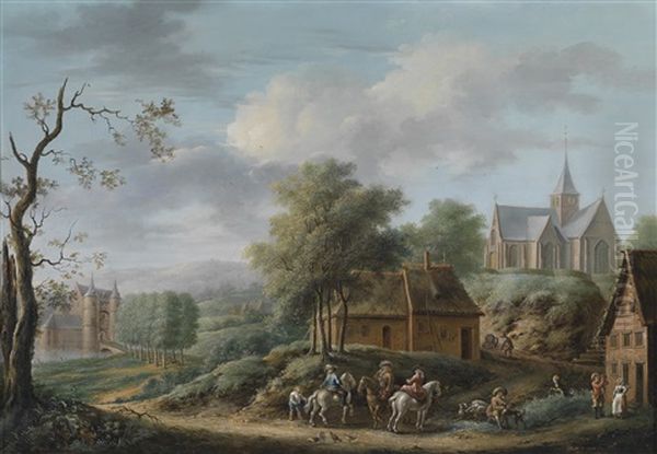 Landschaft Mit Einer Jagdgesellschaft Vor Einem Wirtshaus, Im Hintergrund Eine Kirche Und Eine Burg by Jean Francois de Wouters