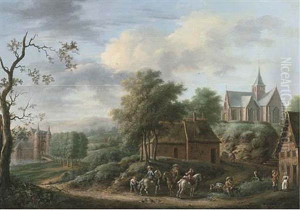 A Wooded Landscape With A Riding Party On A Track Near An Inn, A Castle And A Church Beyond Oil Painting by Jean Francois de Wouters