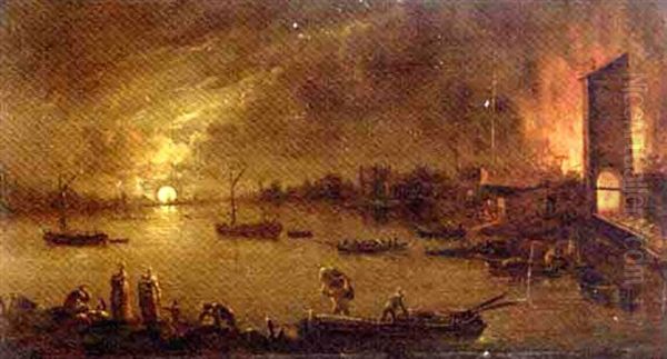 A Moonlit Riverside Town On Fire Oil Painting by Jean Francois de Wouters