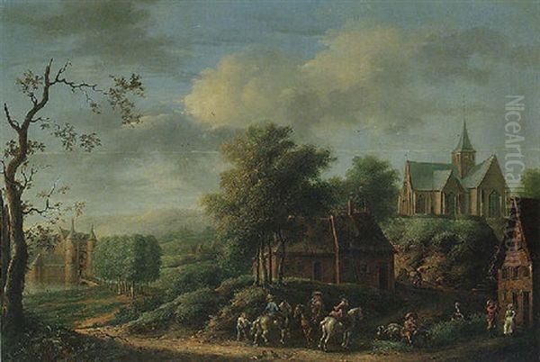 Landscape With A Hunting Party On The Edge Of A Village Oil Painting by Jean Francois de Wouters