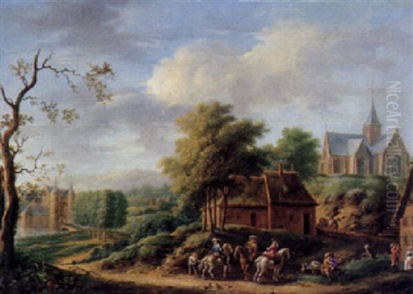 Sportsmen On A Track Near An Inn, A Castle And Church Beyond In A Mountainous Landscape Oil Painting by Jean Francois de Wouters