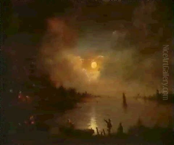 A Moonlit Dutch River Landscape With Anglers And Boats In   The Foreground Oil Painting by Jean Francois de Wouters