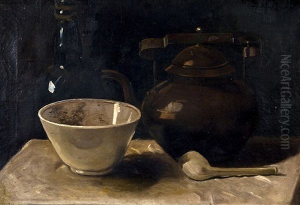 Still Life With Copper Kettle, Pipe And Bowl Oil Painting by Anton Van Wouw