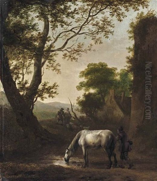 A Wooded Landscape With A Horse And A Man In The Foreground, With Shepherds And Their Flock On A Path Near A Farmhouse Beyond Oil Painting by Jan Wouwerman