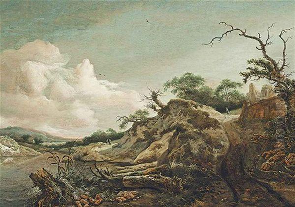 A Wooded River Landscape With Figures On A Path, A Ruined Castle Beyond Oil Painting by Jan Wouwerman