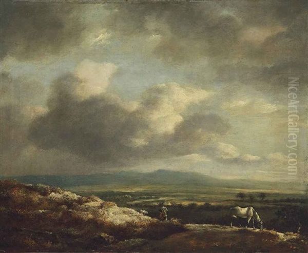 A Panoramic View Over A Hilly Landscape, With A Piebald Horse In The Foreground by Jan Wouwerman