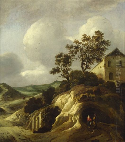 Hugelige Landschaft Mit Wanderern Unterhalb Eines Gehofts Oil Painting by Jan Wouwerman