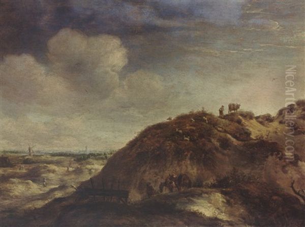 A Dune Landscape With A Traveller And Two Donkeys On A Path, A Shepherd And His Herd, Together With Other Figures, A City In The Distance Oil Painting by Jan Wouwerman