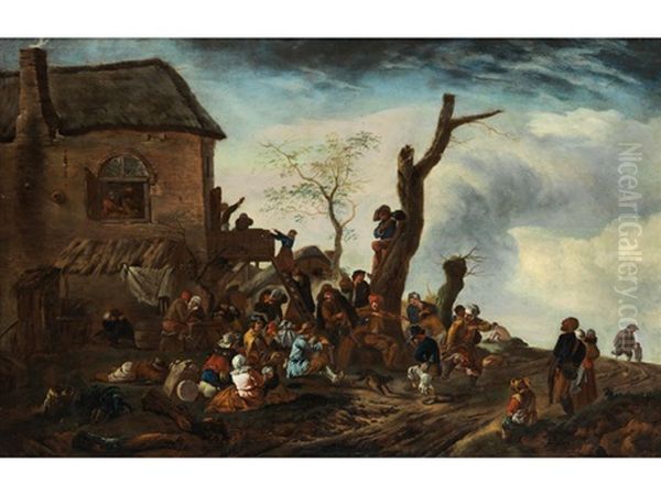 Landliches Fest Vor Einem Gebaude Mit Strohdach Oil Painting by Philips Wouwerman