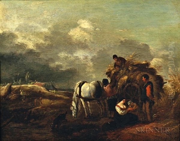 Hay Cart, Harvesters, And Family Under A Cloudy Sky Oil Painting by Philips Wouwerman