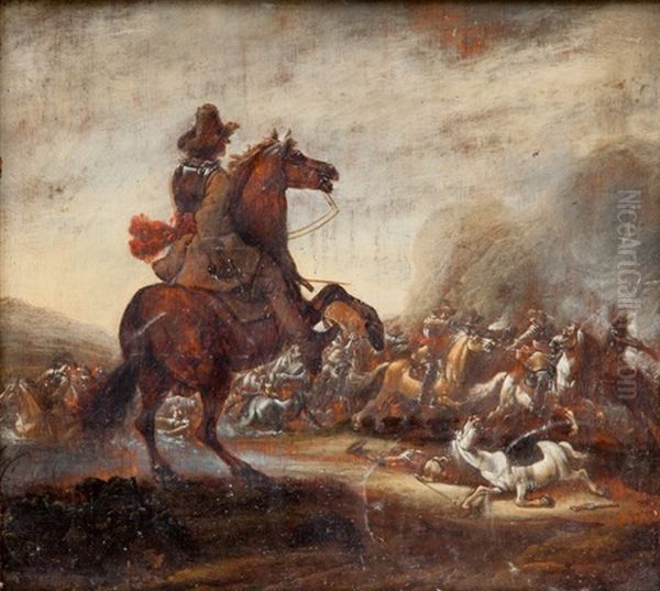 A Crowded Battle Scene Oil Painting by Philips Wouwerman