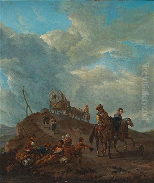 Peasants And Huntsmen On A Hilly Country Road Oil Painting by Philips Wouwerman