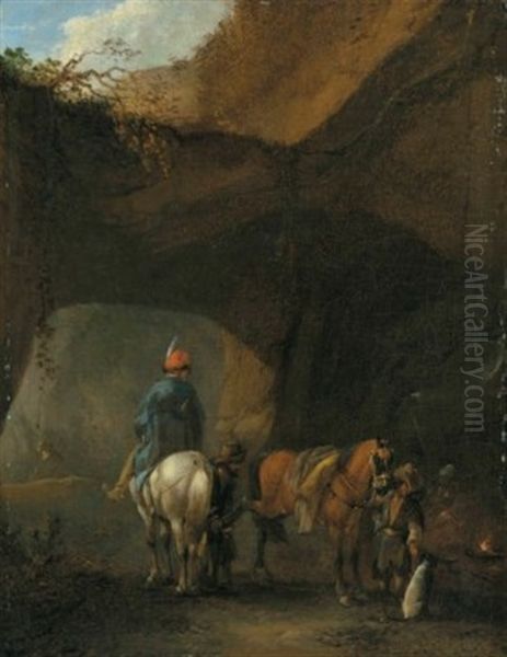 Riders At Rest Beneath A Bridge Oil Painting by Philips Wouwerman