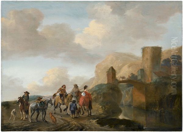 Flusslandschaft Mit Reisenden Bei Einer Brucke Oil Painting by Philips Wouwerman