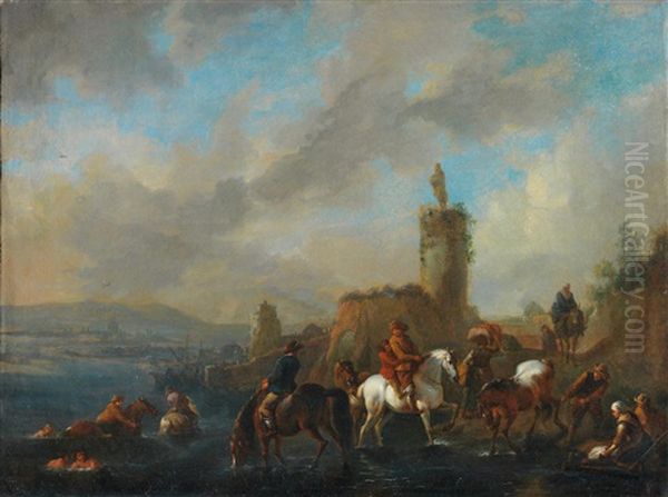 Figures And Horses At A River Oil Painting by Philips Wouwerman