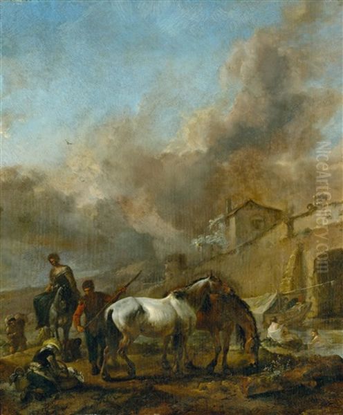 People And Horses By A River With A Village In The Background Oil Painting by Philips Wouwerman