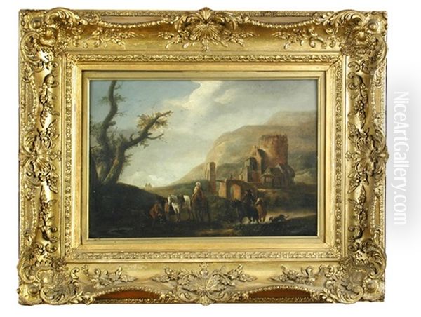 Travellers With A Grey Horse In A Landscape Oil Painting by Pieter Wouwerman