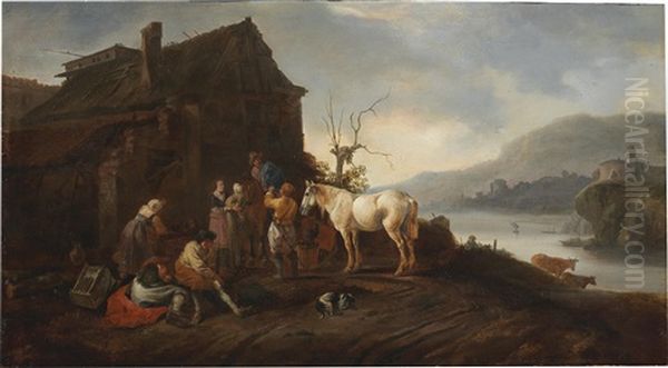 A River Landscape With Horsemen And Travellers Resting Outside A Tavern Oil Painting by Pieter Wouwerman