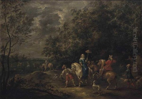 Landscape With Hunting Party Oil Painting by Pieter Wouwerman