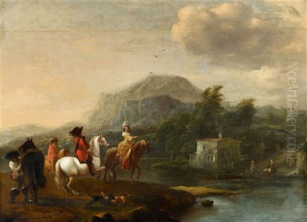 Horseman At A Ford Oil Painting by Pieter Wouwerman