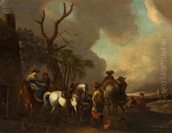 The Horse Shoeing, Camp Scene Oil Painting by Pieter Wouwerman