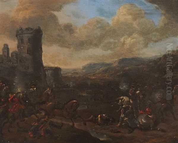 A Battle Scene With A Castellated Tower Beyond Oil Painting by Pieter Wouwerman